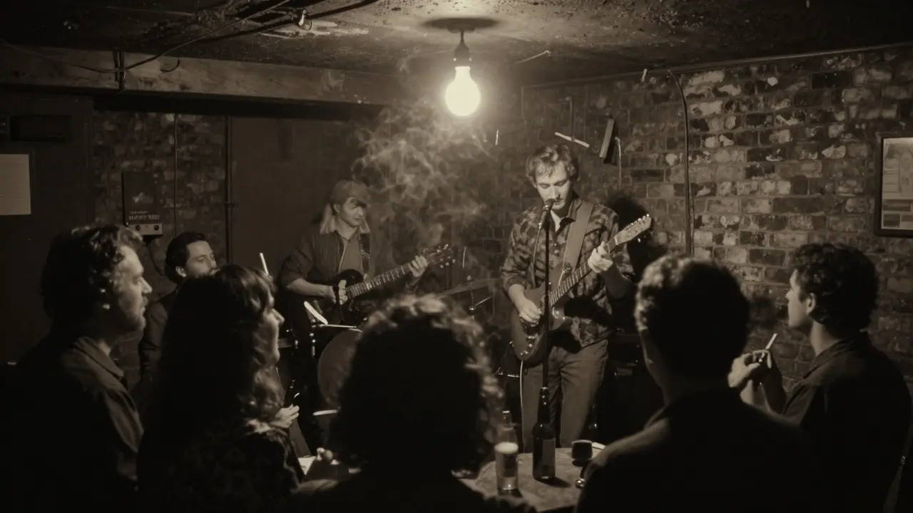 Dim underground music venue with band playing and crowd lost in live indie performance.