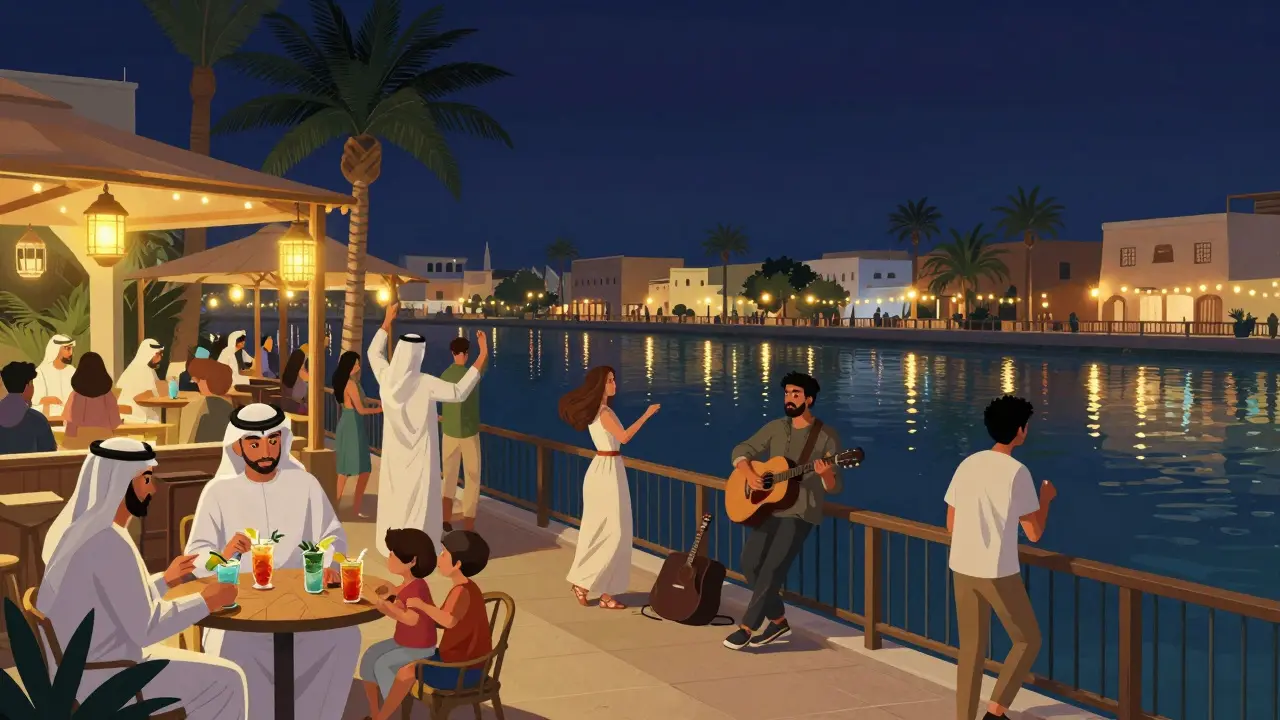 Diverse crowd relaxing at Al Qana waterfront at night with string lights, live music, and canal reflections.