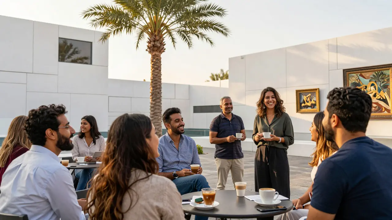 Diverse people enjoy coffee and art at Louvre Abu Dhabi, bathed in golden sunlight, laughing and engaging in cultural exchange.