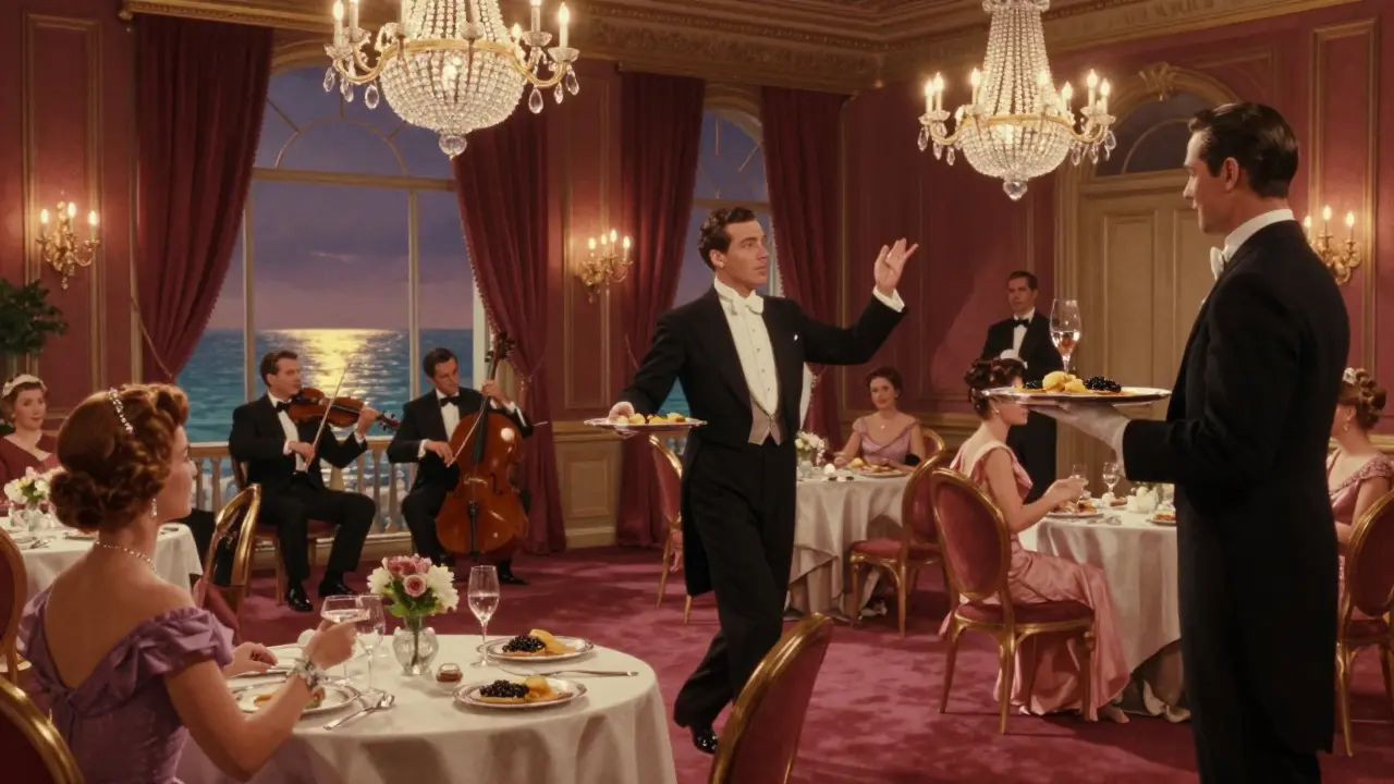 Elegant ballroom scene at Le Palace with a man dancing on a table, live musicians, and crystal chandeliers reflecting harbor lights.