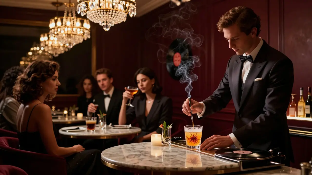 Elegant lounge with crystal chandeliers, bartender crafting a unique cocktail in dim ambient light.