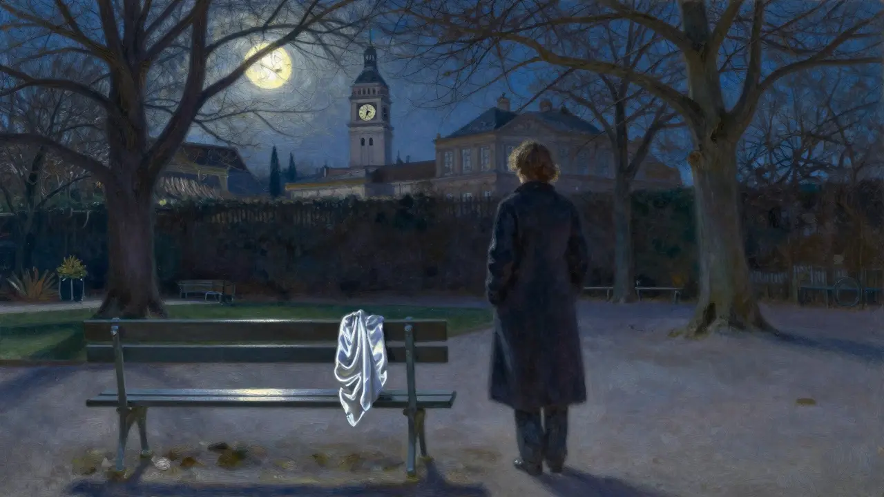 Empty bench in Luxembourg Gardens at night, silk scarf left behind under moonlight.