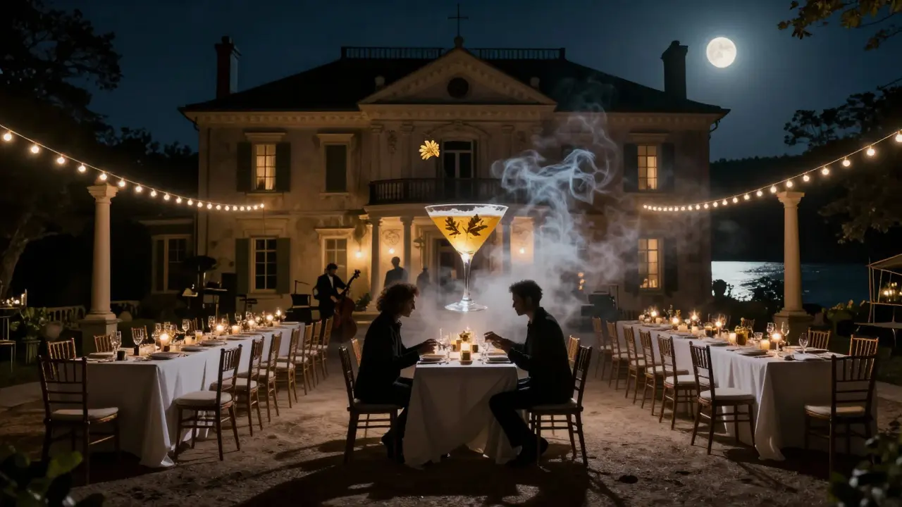 Empty VIP tables at Blue Bay under string lights, a floating gold-leaf cocktail, and silhouetted jazz musicians in the shadows.