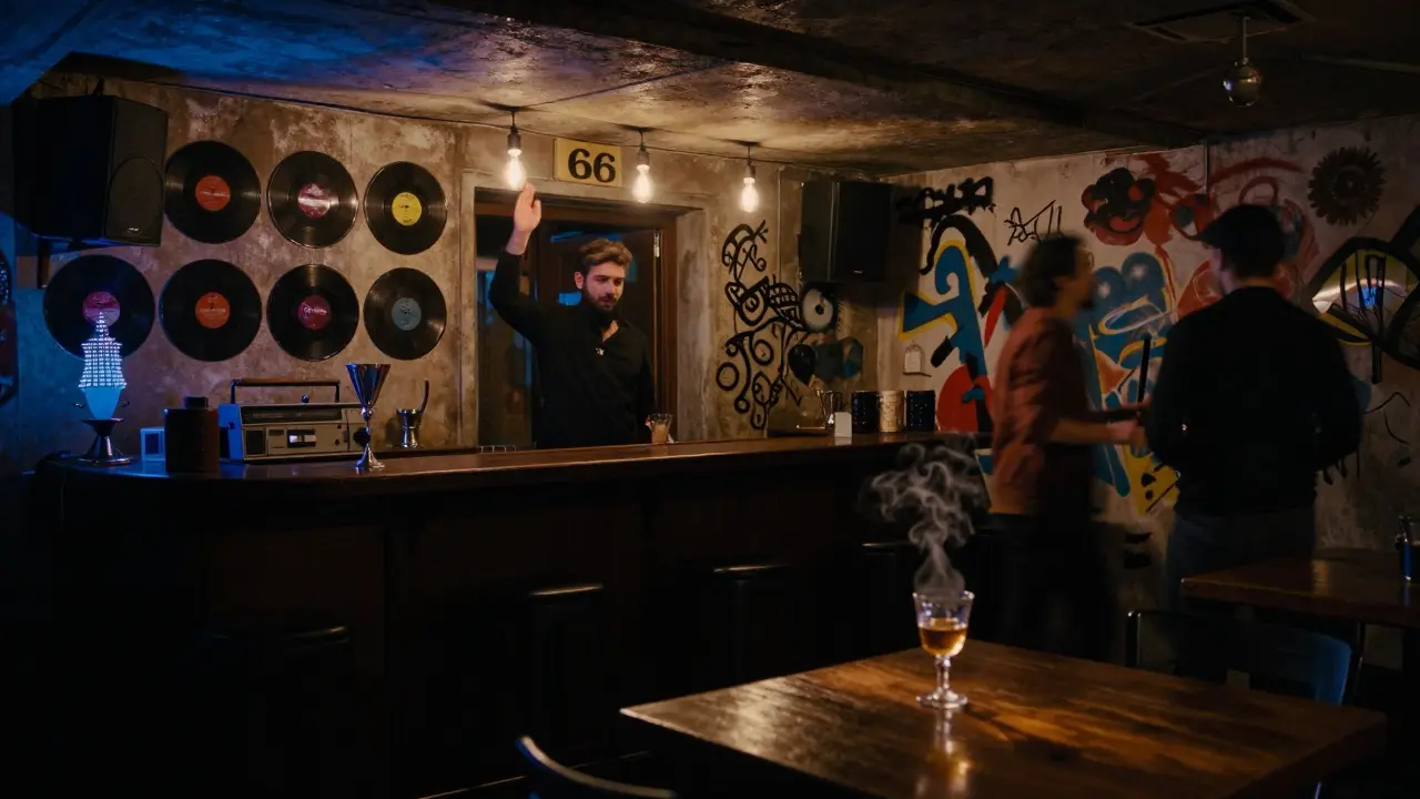 Hidden basement bar in Karaköy with neon glow, bouncer nodding, soundwaves mixing with muezzin call.