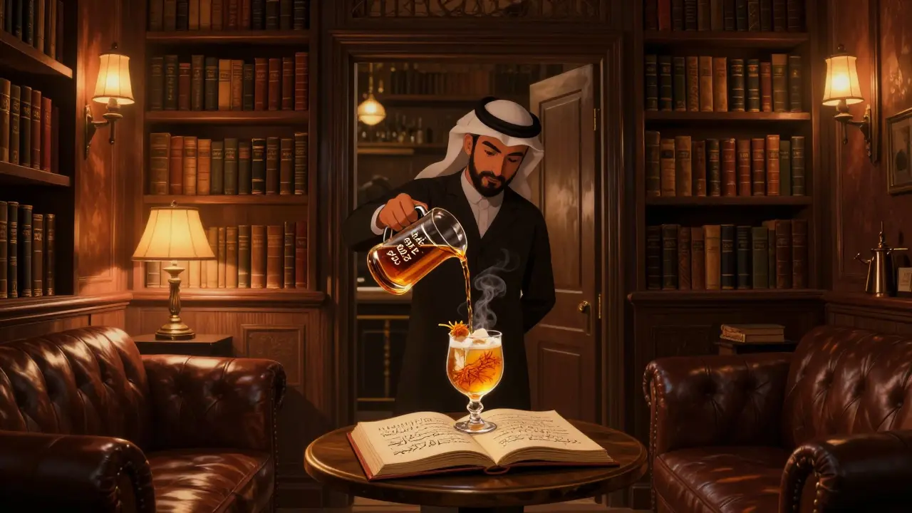 Hidden speakeasy The Library with leather sofas, bookshelves, and a bartender mixing a smoky, spiced cocktail in warm light.