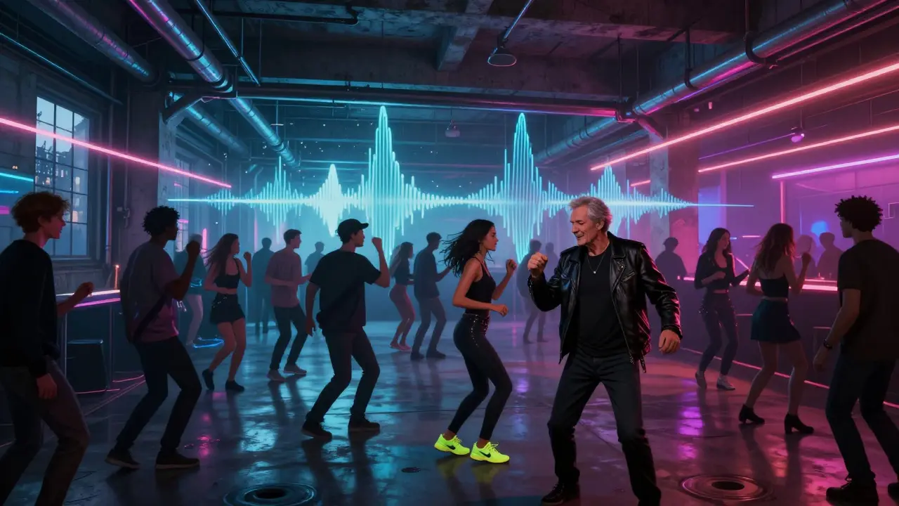 Industrial nightclub with diverse crowd dancing under pulsing neon lights and concrete ceilings.