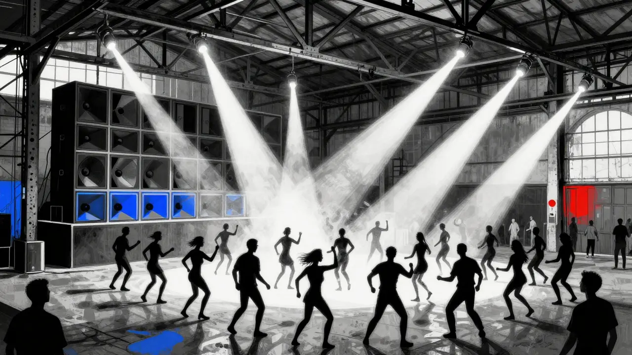 Industrial warehouse club filled with silhouetted dancers moving to powerful techno beats.