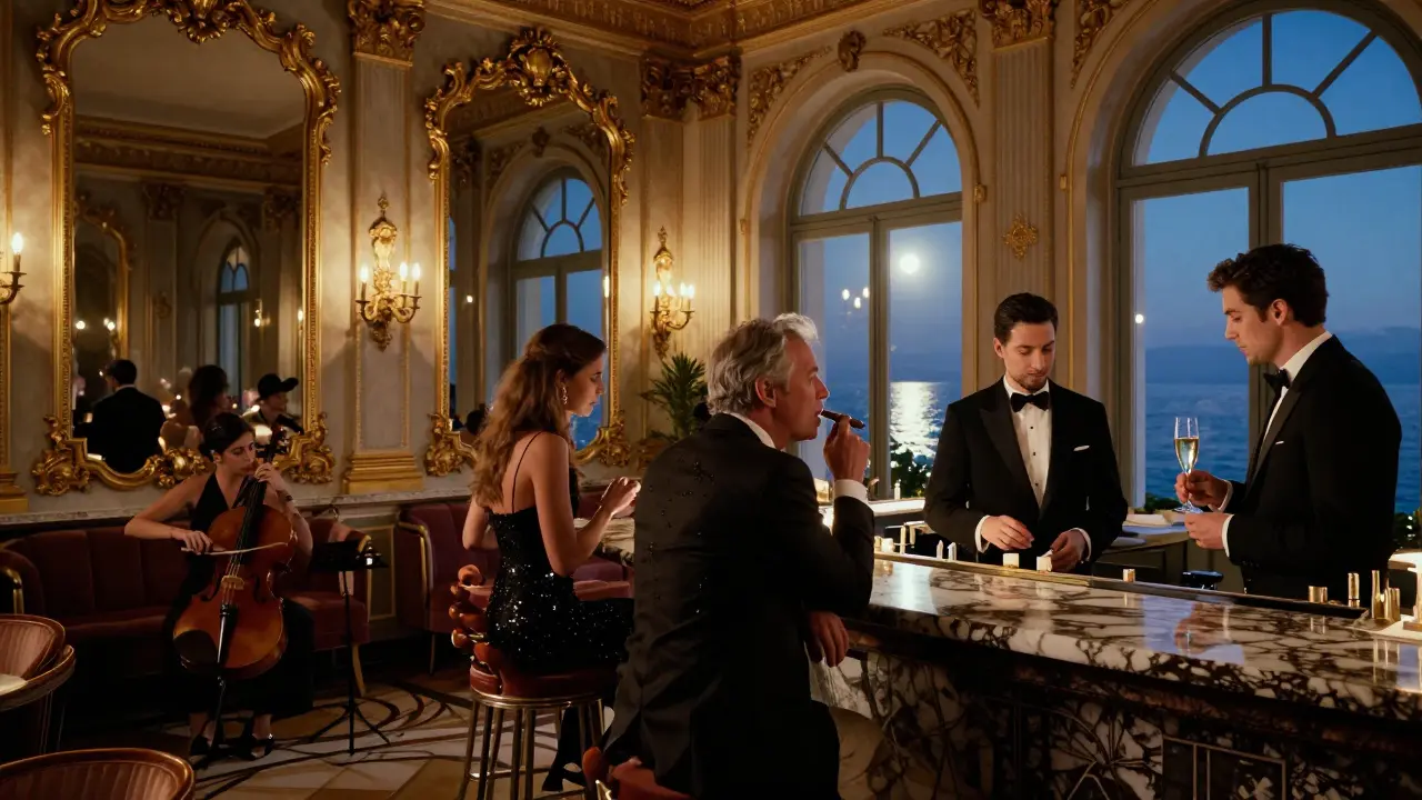 Interior of La Réserve lounge with a string quartet, guests in formal wear, and moonlit windows.