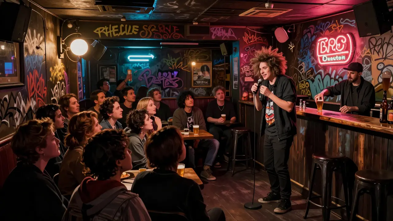 Intimate basement bar with quirky comic and lively audience in Dalston's Bar Risa.