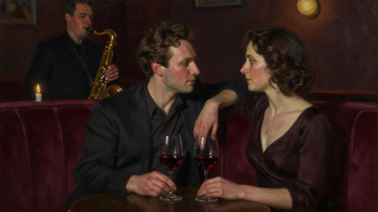 Intimate couple in a dim jazz bar, soft candlelight, red wine glasses, saxophone blurred in background.