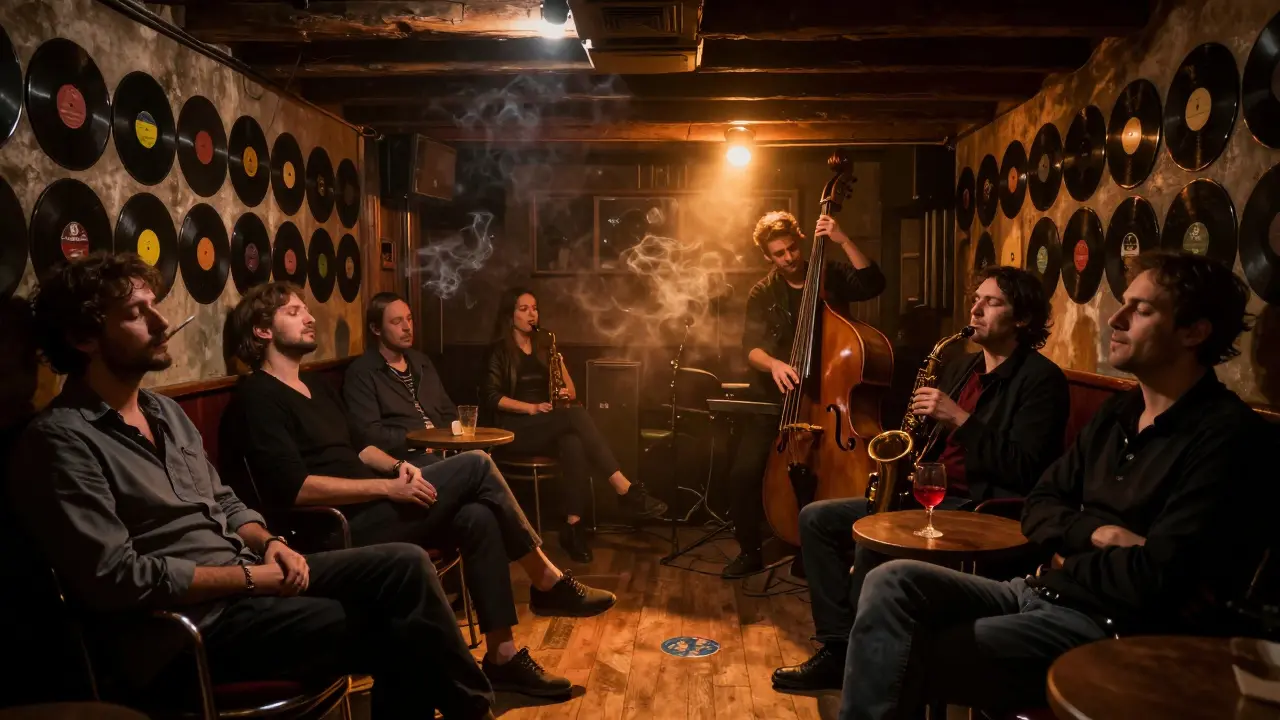 Intimate jazz club basement with musicians playing under a spotlight, patrons lost in the music.