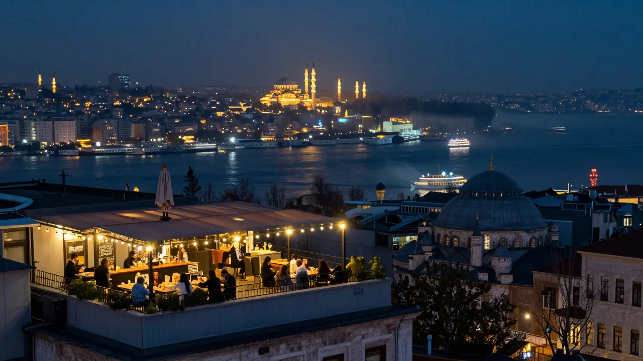 Istanbul rooftops at midnight with skyline views of mosques and the Bosphorus sparkling below.