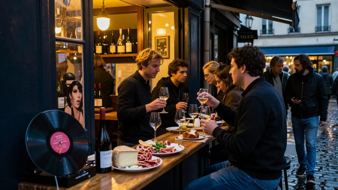 Locals standing at a neighborhood wine bar in Paris, drinking wine and eating cheese under soft lights at night.
