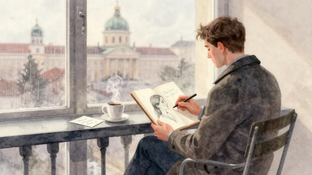 Man on balcony at dawn holding sketchbook, rain on window, empty chair beside him, note visible.