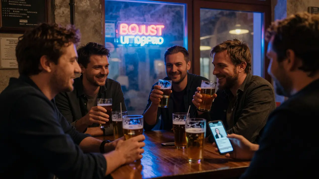Men in a Berlin bar discuss escort profiles casually, normalizing the experience without shame.
