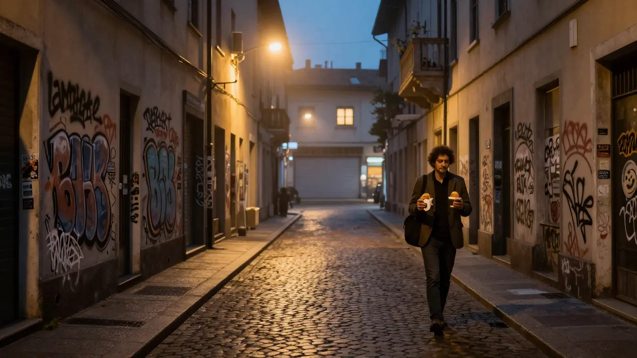 Midnight walk in Lambrate, a person holding cornetto and espresso under warm streetlights, graffiti murals in background.