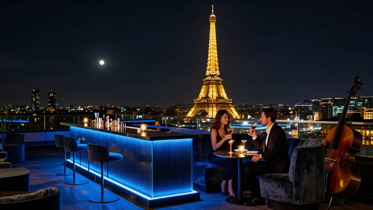 Modern rooftop bar with velvet seating and sparkling Eiffel Tower in the background at night.