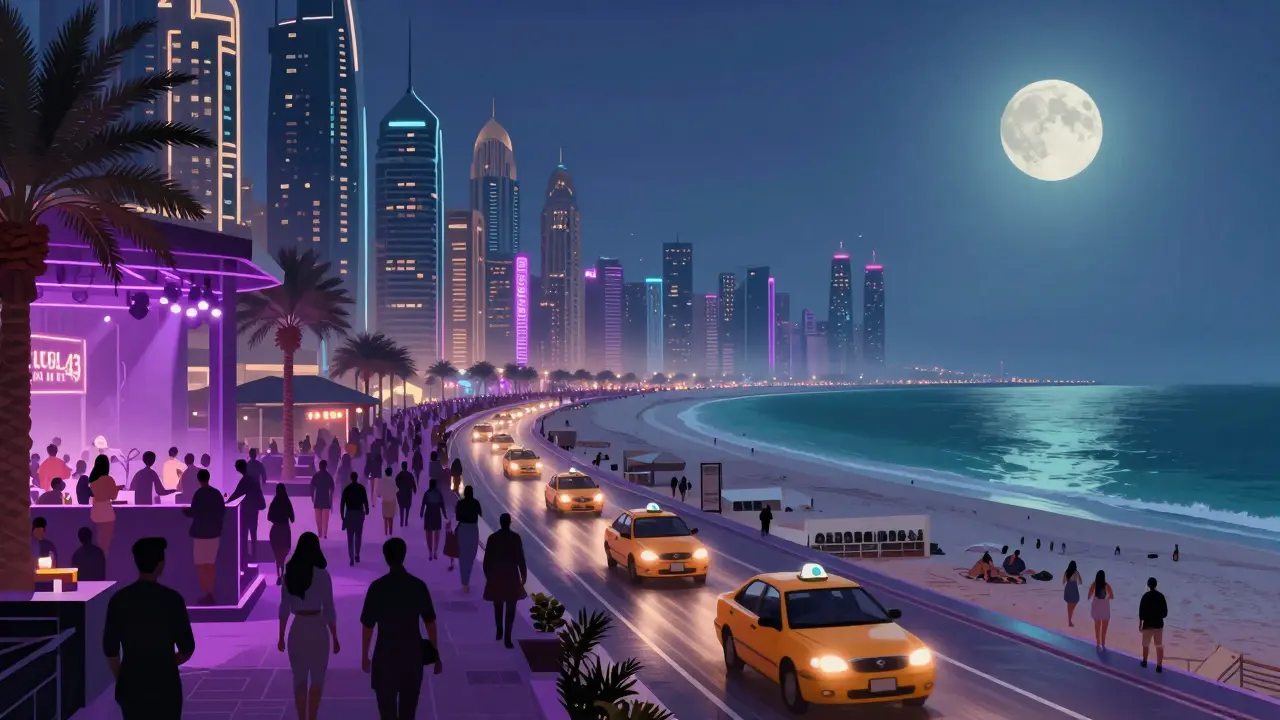 Nighttime journey across Dubai’s iconic venues, from city skyline to beachside lounge under moonlight.