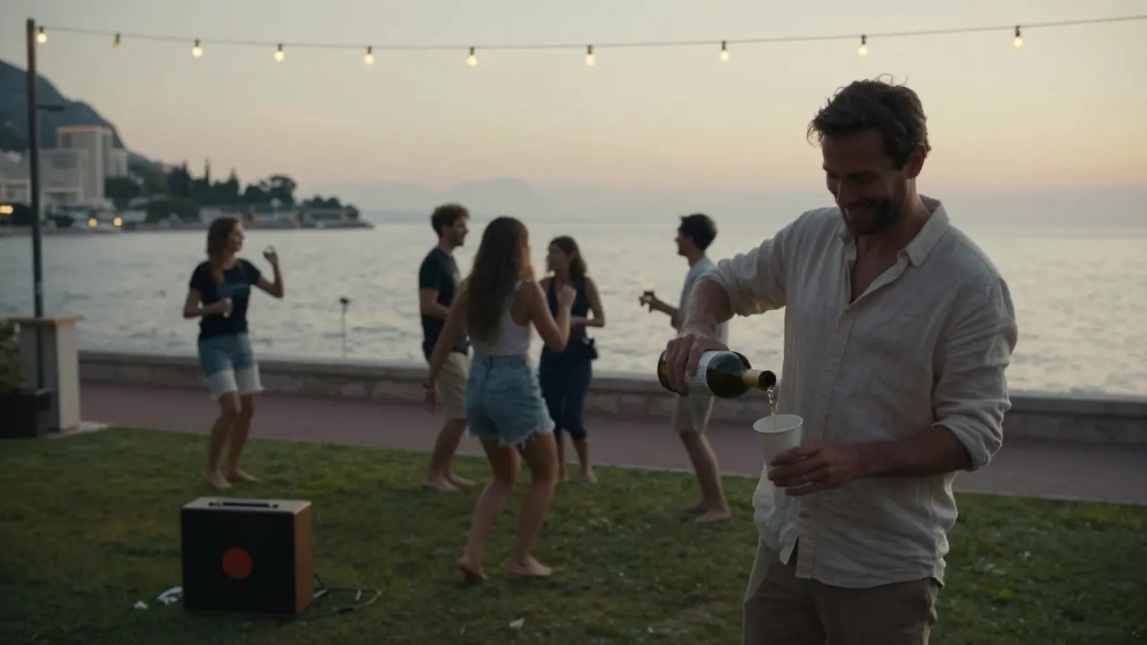 People dancing barefoot on grass at dawn near Monaco&#039;s oceanfront, soft lights and sea breeze.