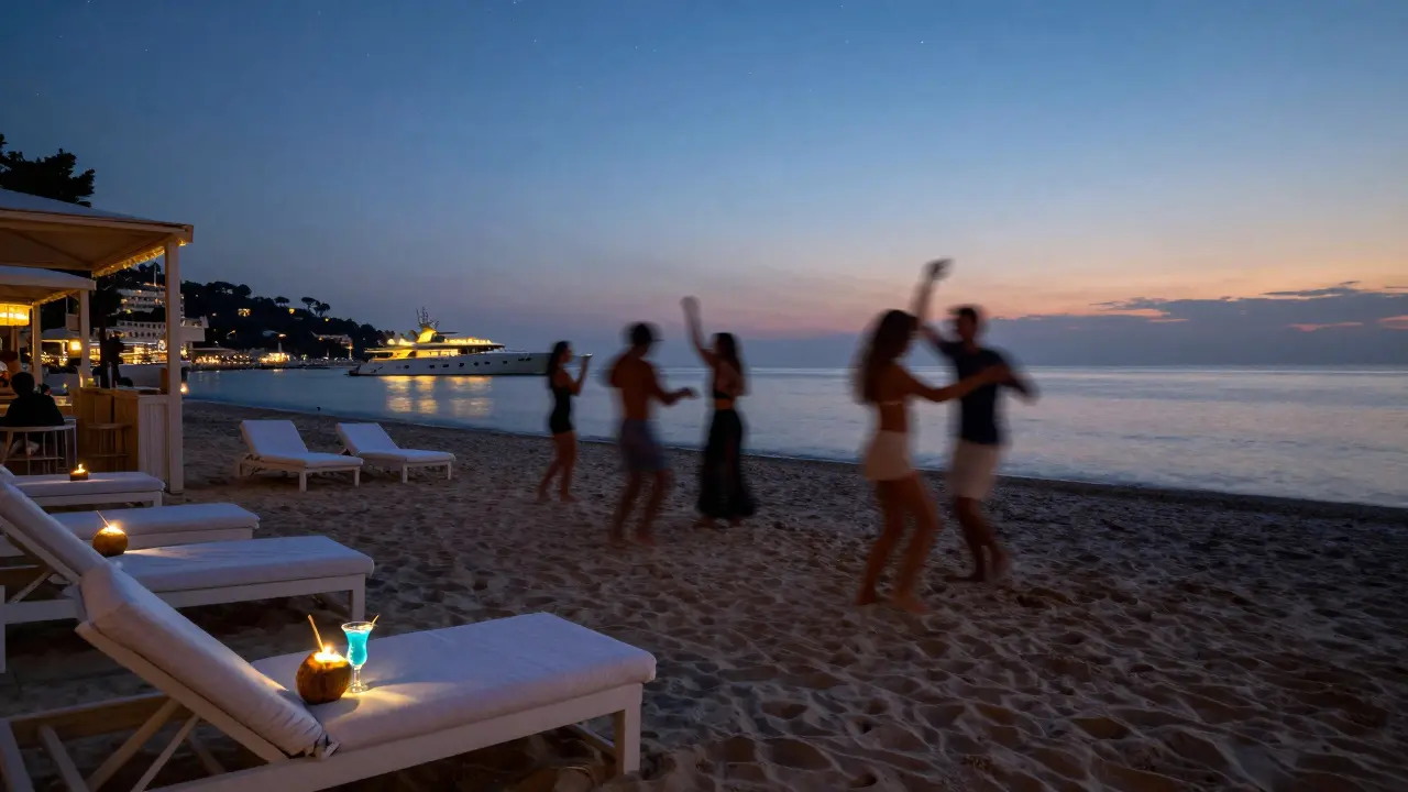People dancing on sandy beach at Nikki Beach Monaco under starlit sky with yacht lights in distance.