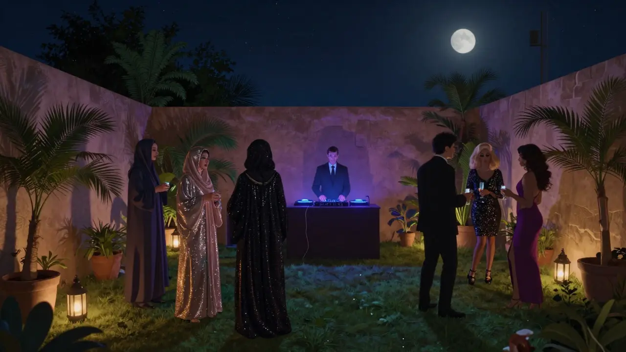 People in glittering attire mingling at a hidden garden party under string lights and stars.