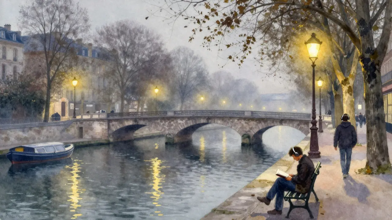 Quiet canal at night, reflecting streetlamps, with a lone reader and couple walking peacefully.