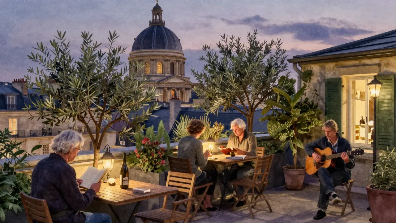 Quiet garden rooftop with lanterns, dome of Les Invalides, and couple reading poetry under twilight.