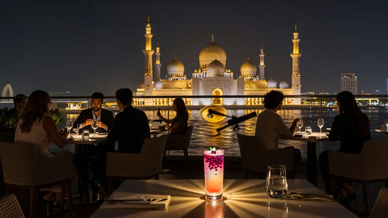 Rooftop bar 360 at St. Regis Abu Dhabi offering glowing views of the Grand Mosque and city skyline at night.