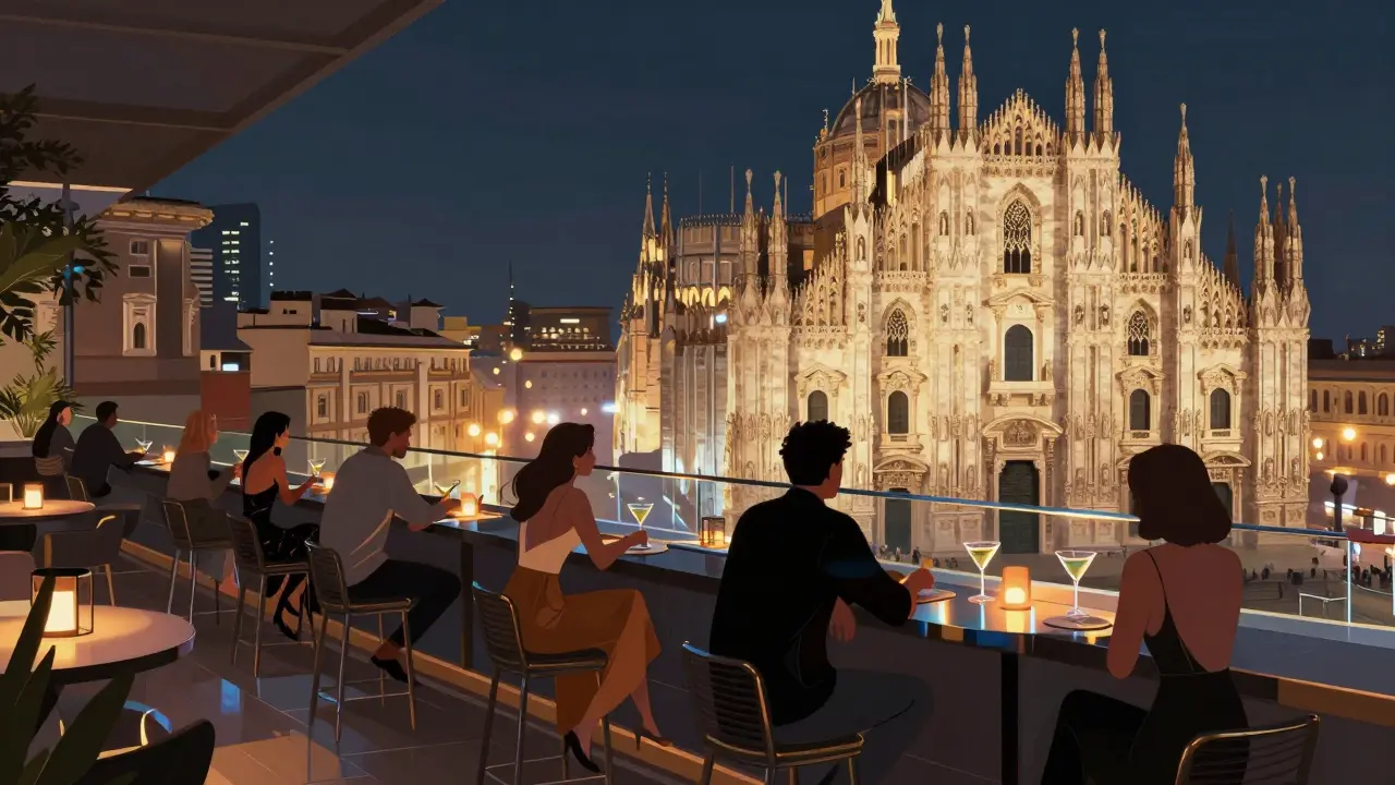 Rooftop bar in Corso Como with stunning night view of Milan&#039;s Duomo.