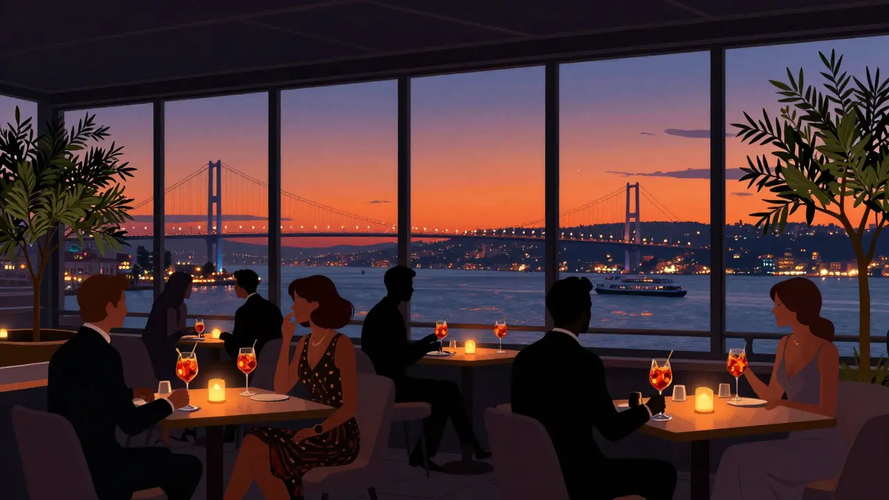 Rooftop bar overlooking the Bosphorus at sunset with guests sipping cocktails and city lights reflecting on water.