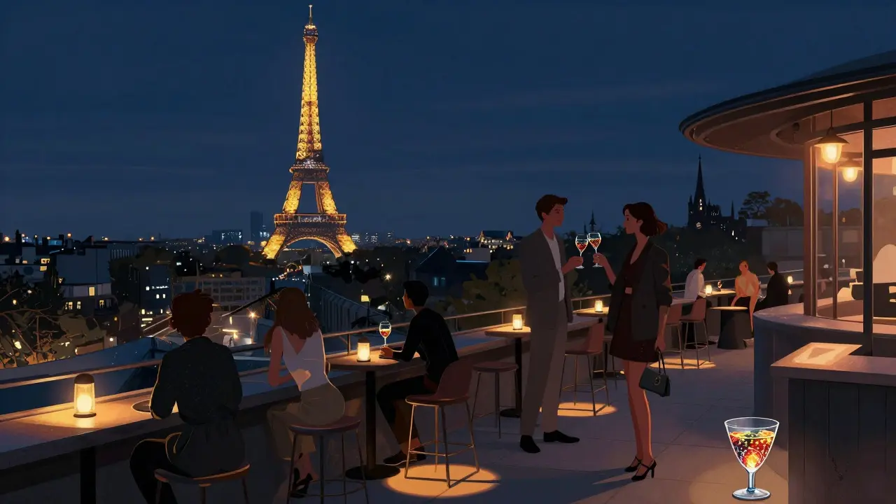 Rooftop bar with Eiffel Tower sparkling in background as people toast at midnight.