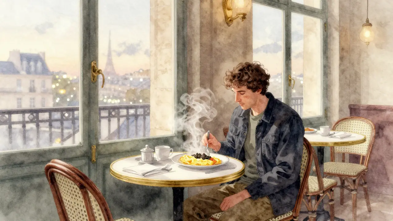 Solo traveler enjoying truffle omelette at 5 a.m. in Le Café de Paris as dawn breaks over Monaco.