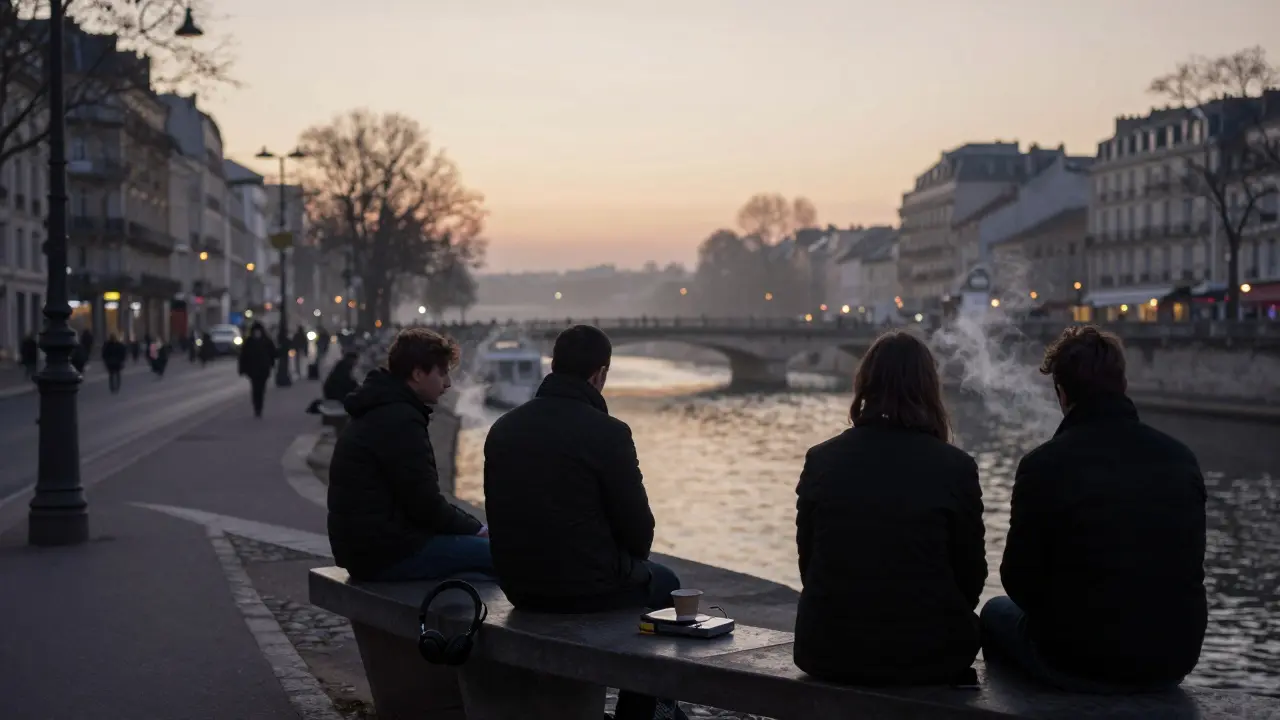 Sunrise over Canal Saint-Martin with people on benches, smoking and listening to vinyl.