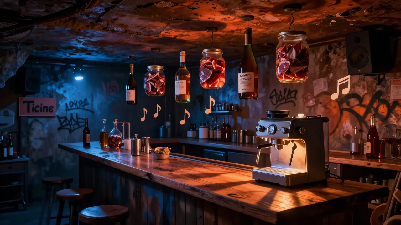 Surreal hidden basement bar with floating food and drinks under moody lighting.