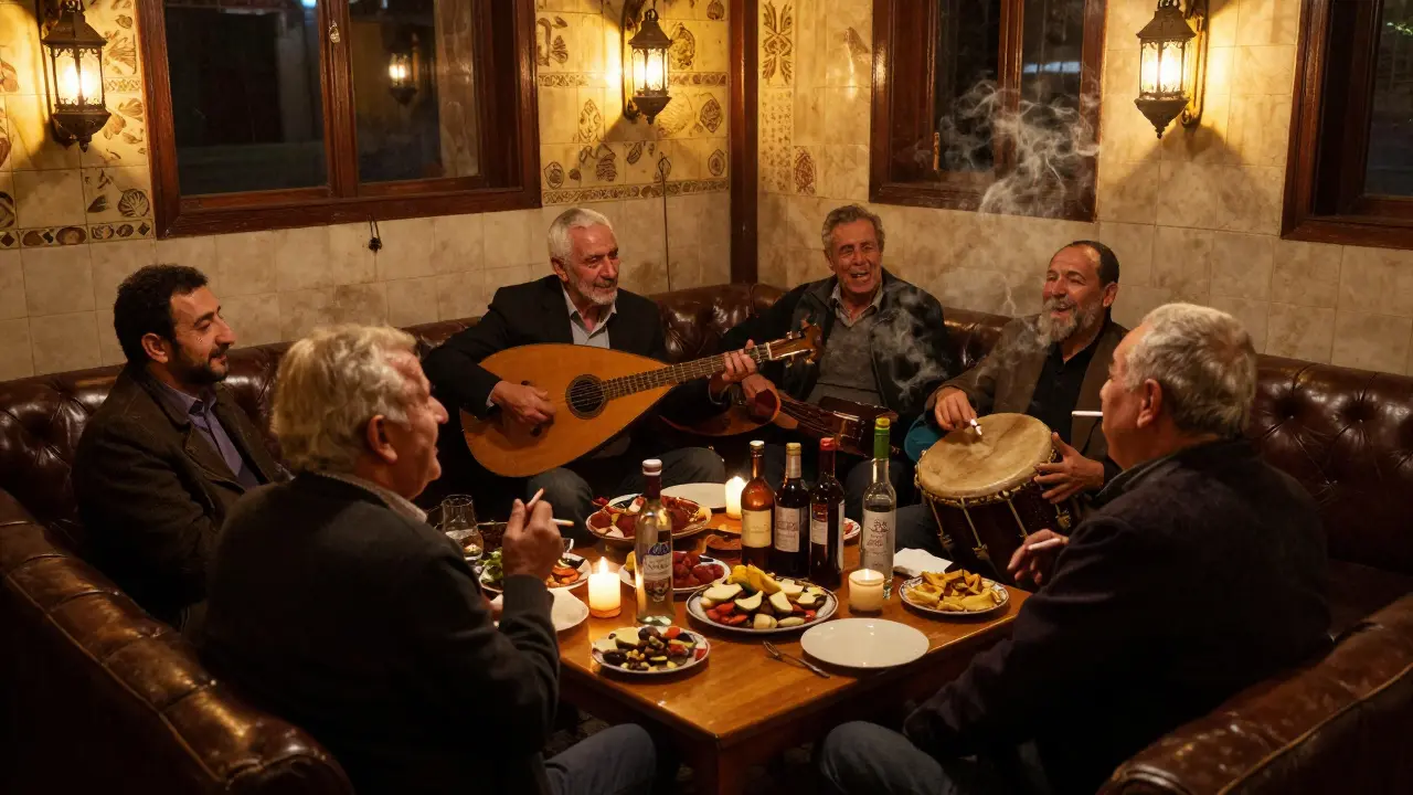 Traditional meyhane with musicians playing oud and patrons sharing raki under soft lantern light.