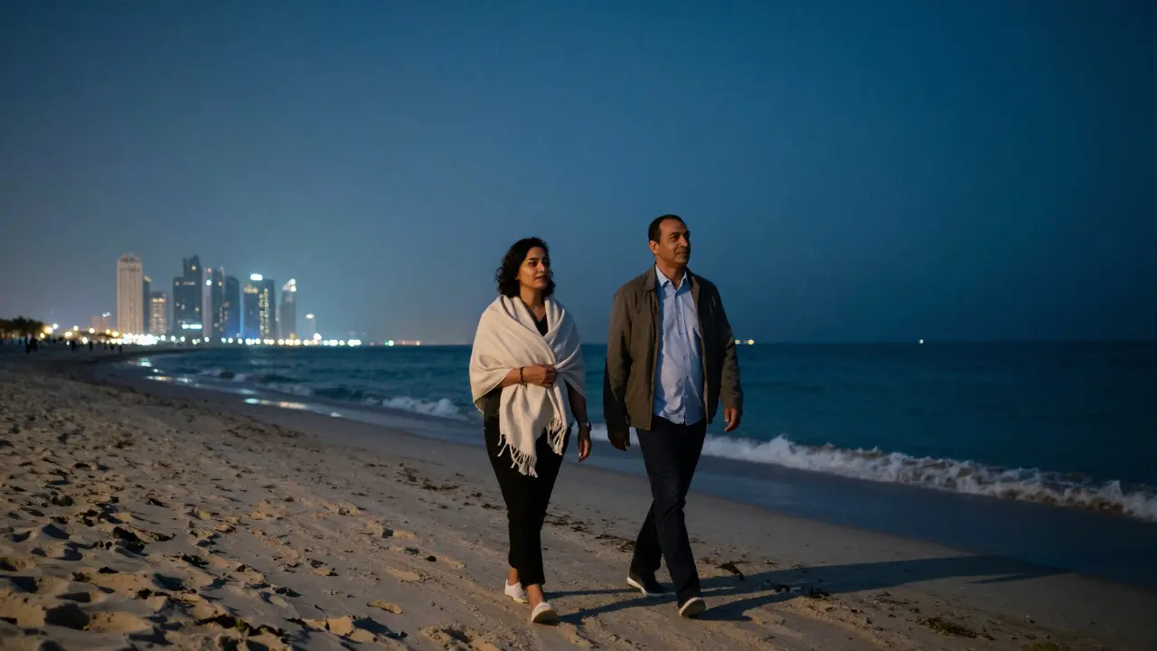 Two figures walking peacefully along a moonlit Dubai beach, distant skyline glowing softly.