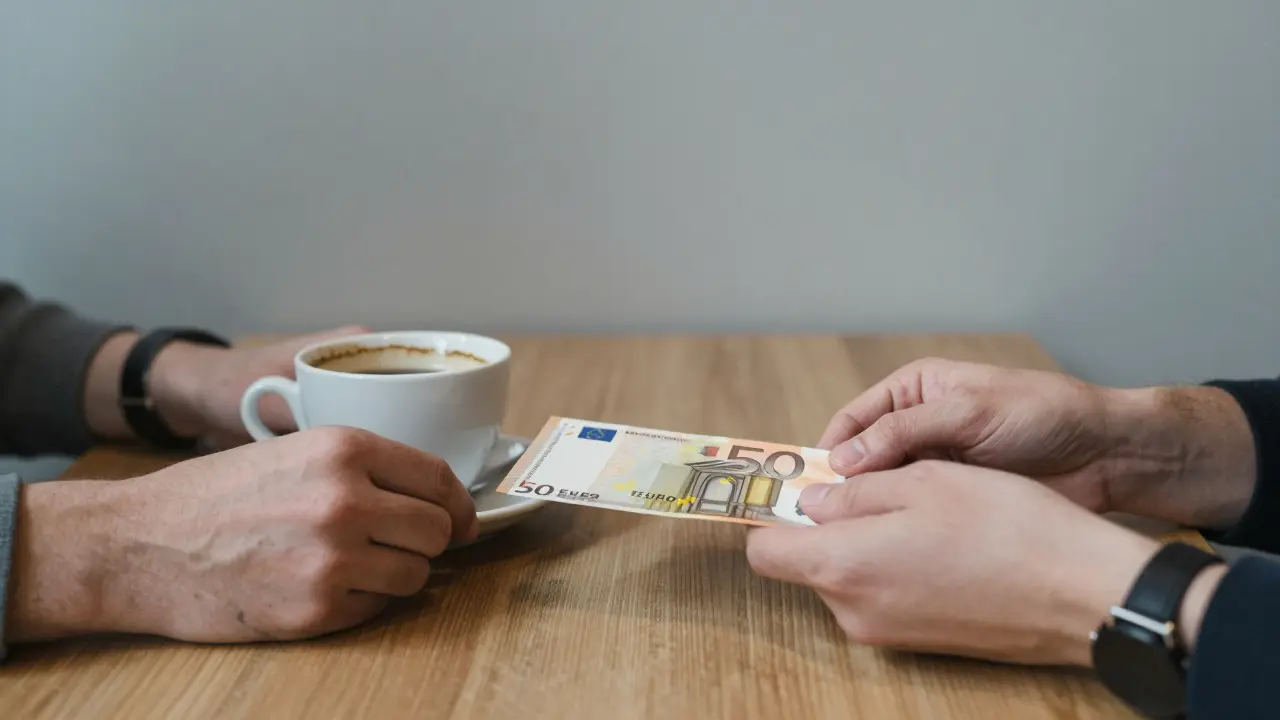 Two hands exchanging payment and a note in a Berlin café, conveying respect and dignity.