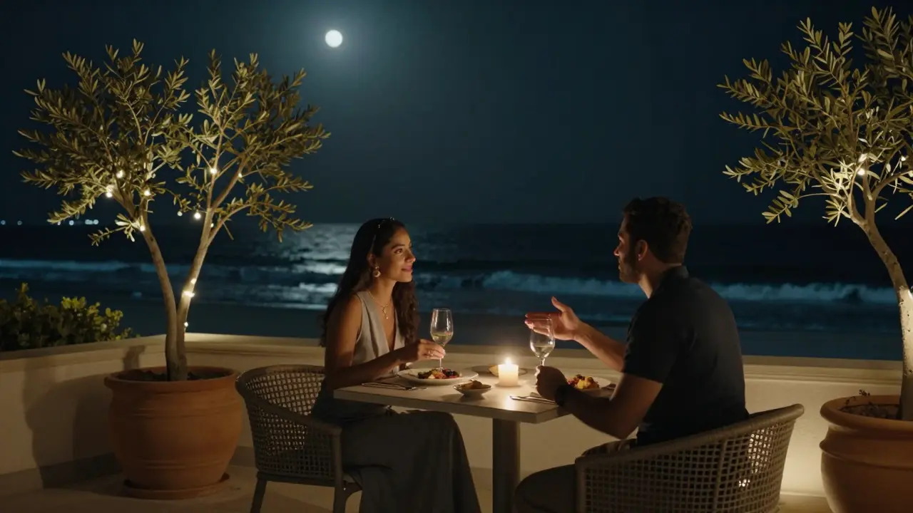 Two people dining privately on a villa terrace in Palm Jumeirah under string lights and moonlight.