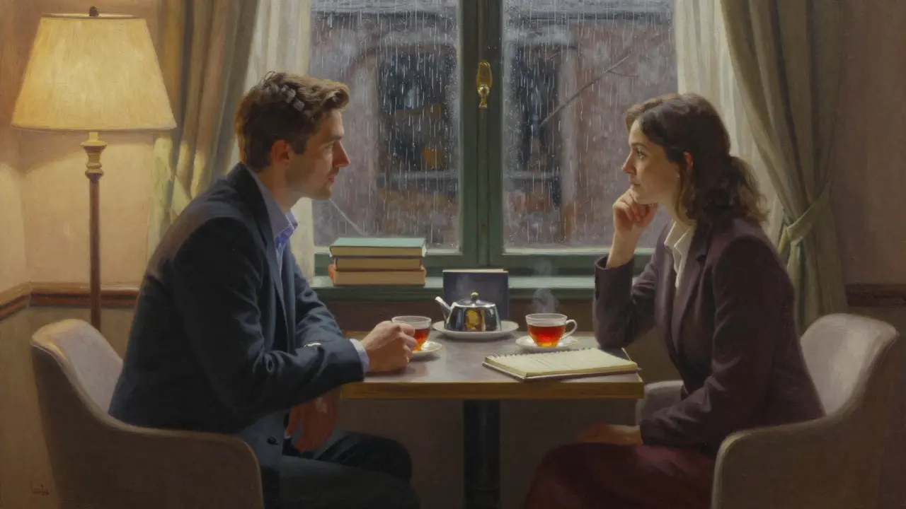 Two people having a quiet, respectful conversation over tea in a boutique hotel room, emphasizing companionship.
