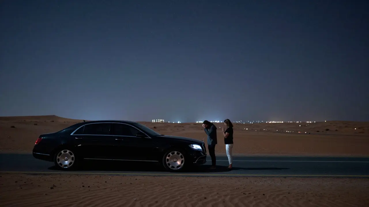 Two people parting respectfully under a starry desert sky near Abu Dhabi, with a luxury car nearby.