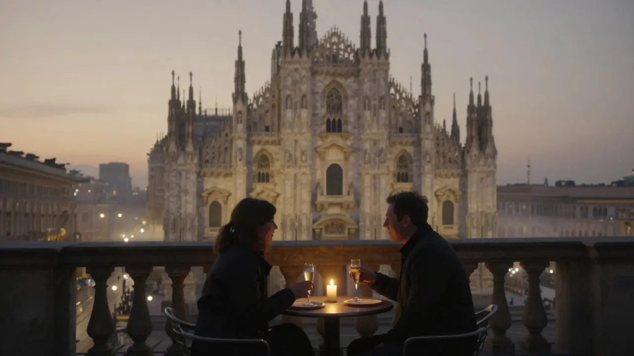 Two people share a quiet moment on a rooftop terrace overlooking Milan’s Duomo at sunset.