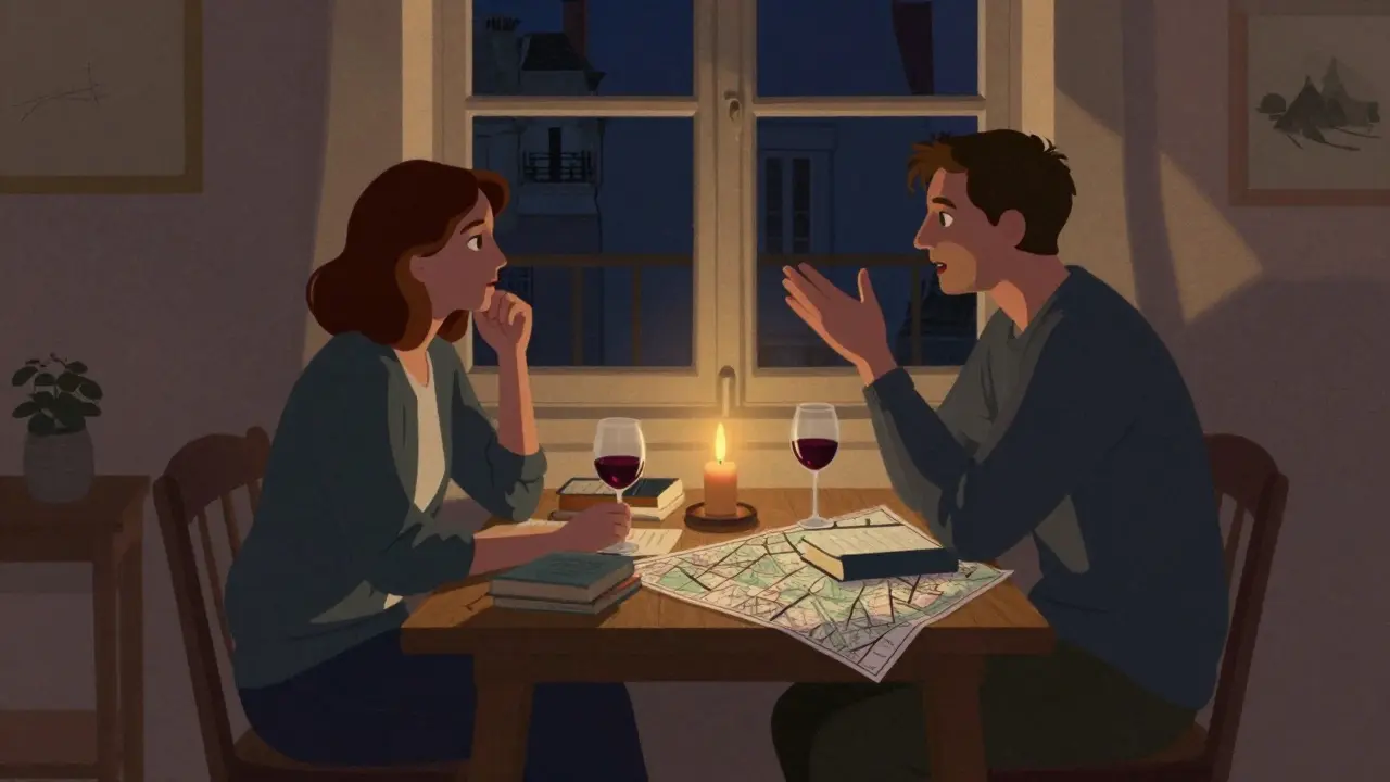 Two people share an intimate conversation over wine in a cozy Parisian apartment, books and maps on the table.