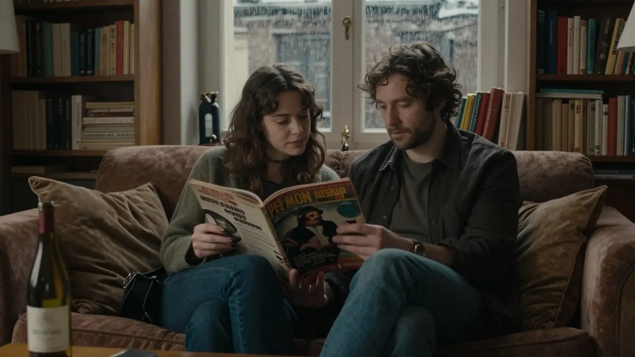 Two people sharing a quiet moment reading a film magazine in a book-filled Paris apartment.