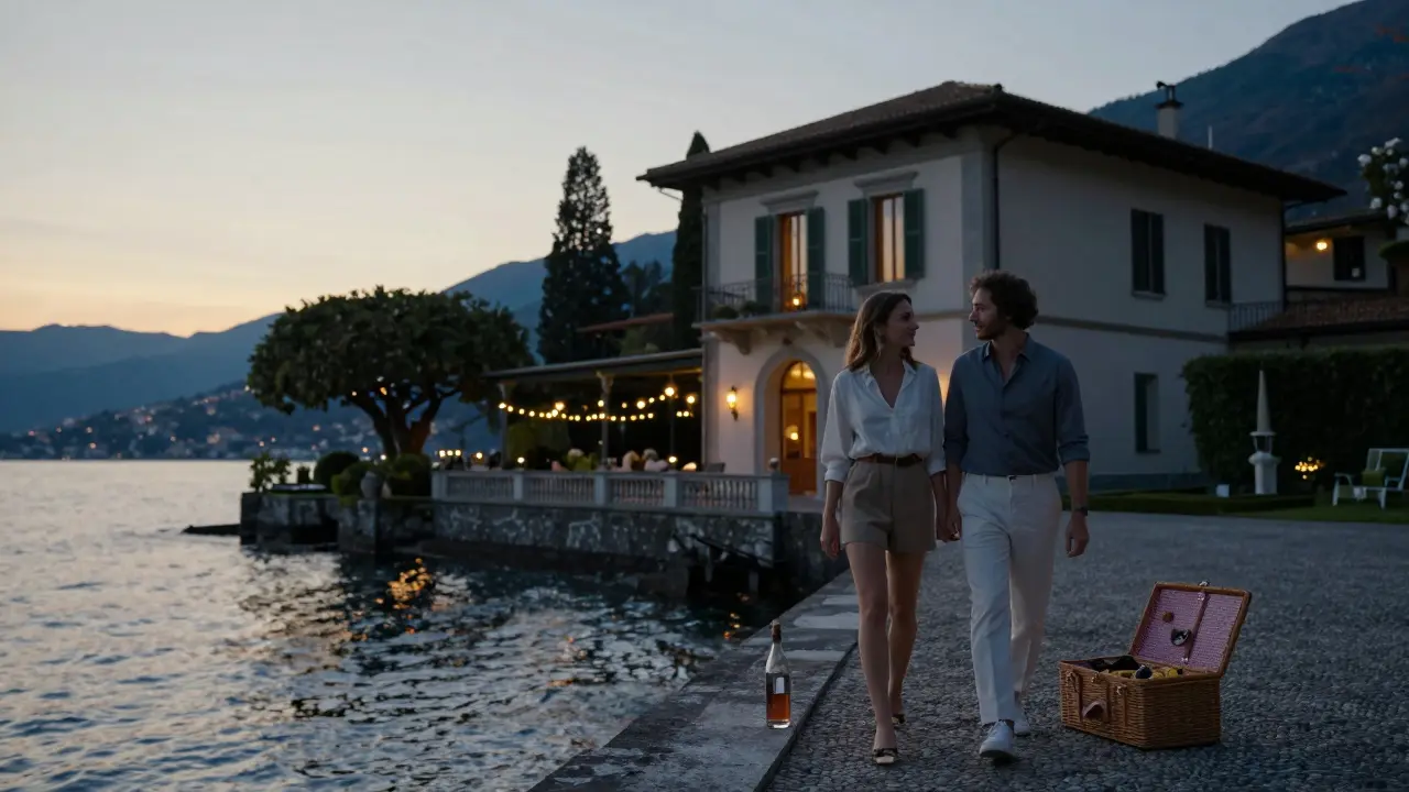 Two people strolling a lakeside terrace at sunset in Lake Como, with mountains and string lights in the distance.