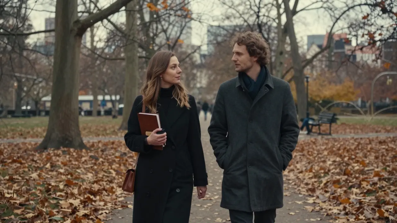 Two people walking peacefully through Tiergarten park in autumn, leaves falling around them.