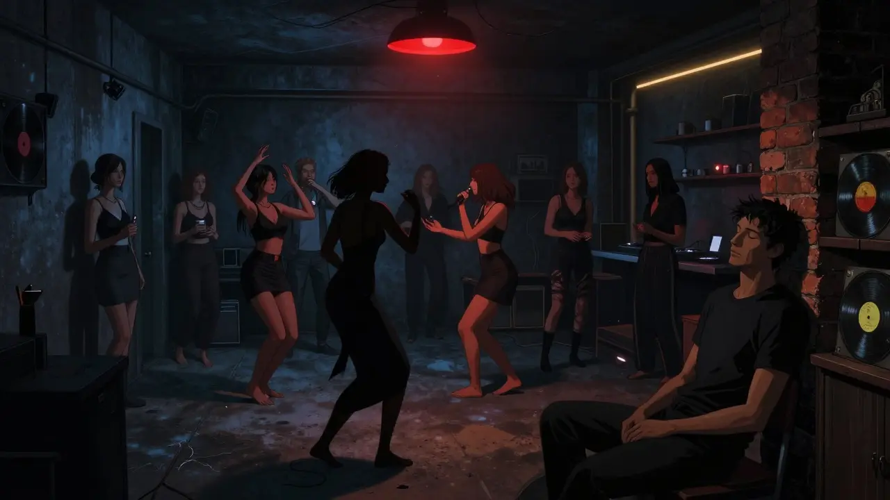 Underground club basement with red light and dancers swaying to deep house music, concrete walls and vintage records.