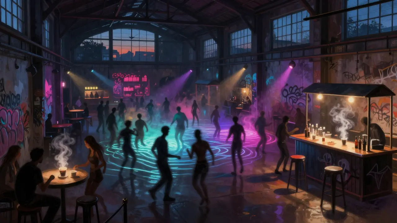 Vibrant warehouse club in Porta Venezia with diverse dancers under pulsing neon lights.