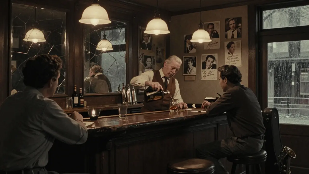 Vintage bar scene with bartender pouring whiskey in Le Bar des Artistes, old photos on walls.
