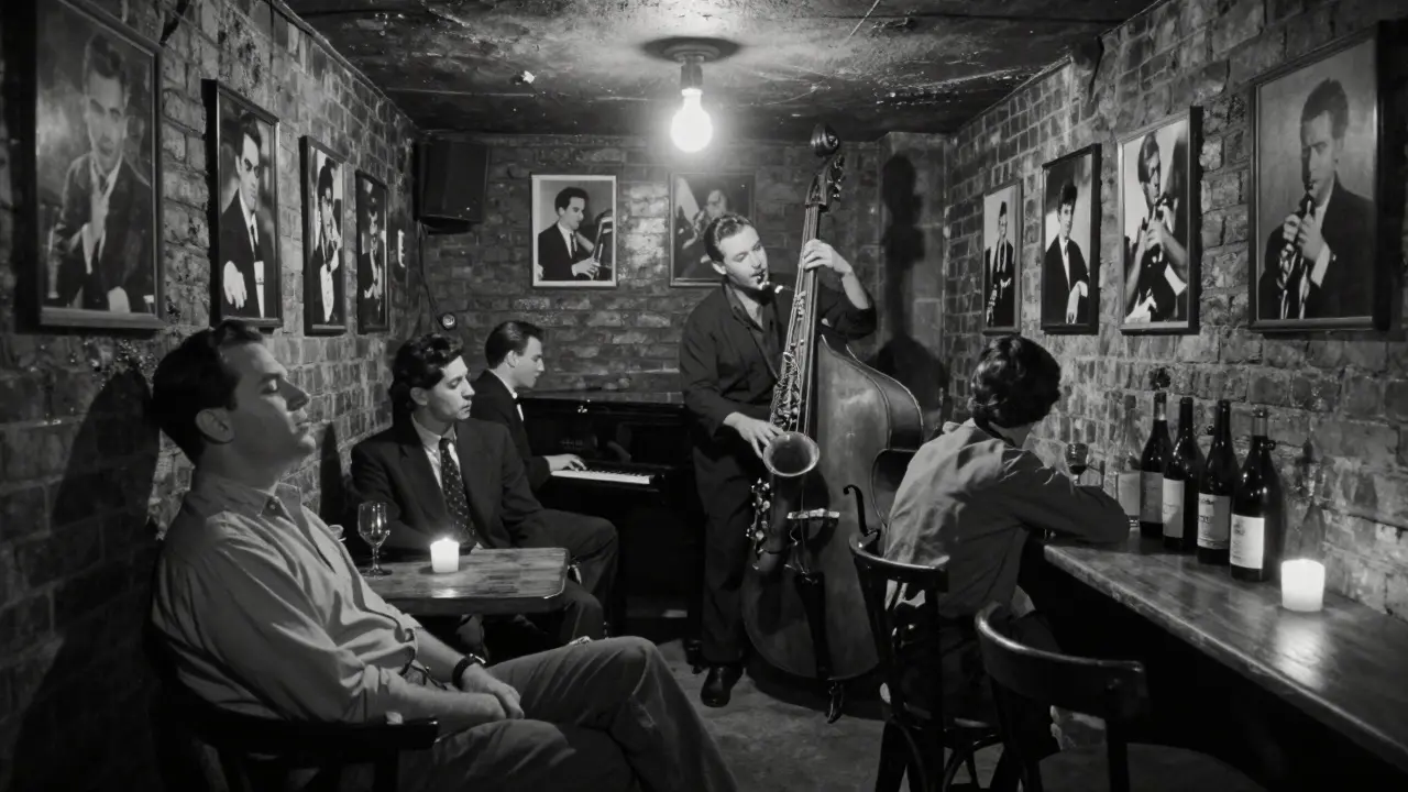 A basement jazz club with musicians playing softly, patrons listening in silence, faded photos on brick walls and candlelit wine bottles.
