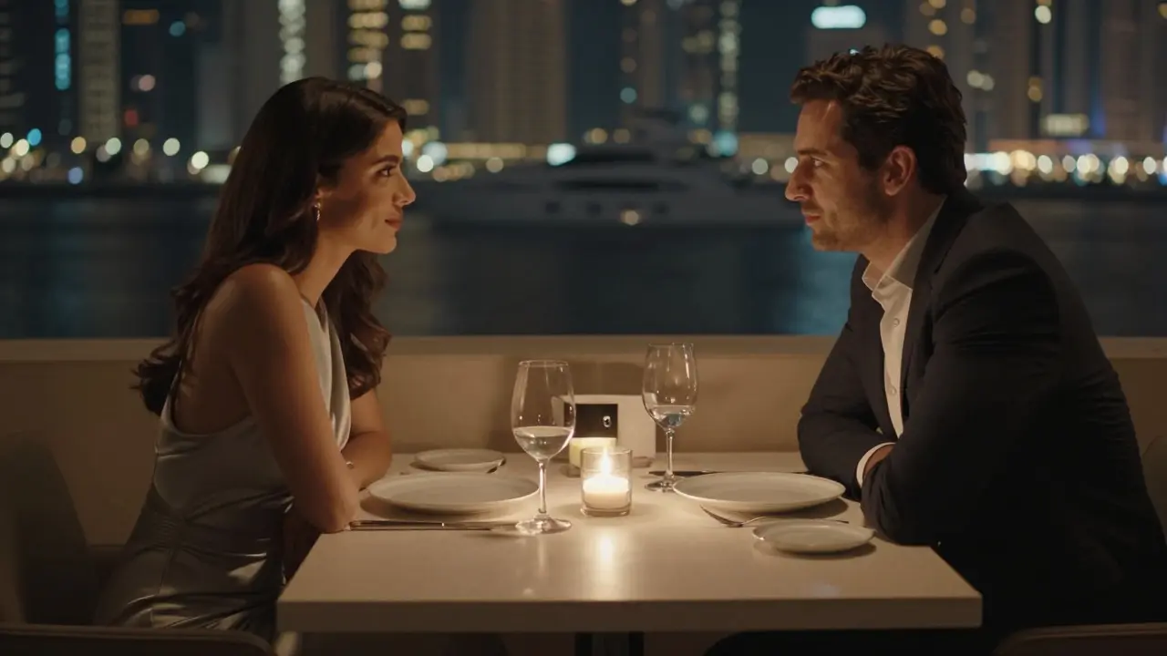 A couple having an intimate dinner at Nobu Dubai, candlelight reflecting off fine tableware.